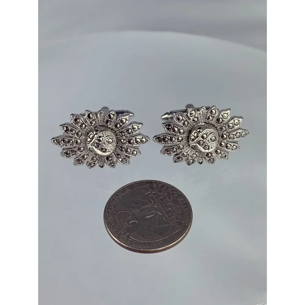 Large Sun Burst Sterling Silver Cufflinks Marcasite Shield Flower Statement VTG